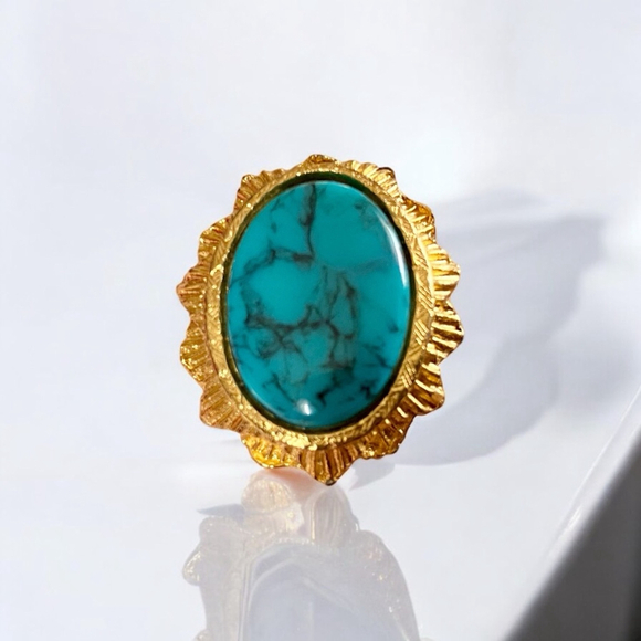 Vintage Glass Turquoise Cabochon Ring Adjustable Blue and Goldtone. - Picture 5 of 6